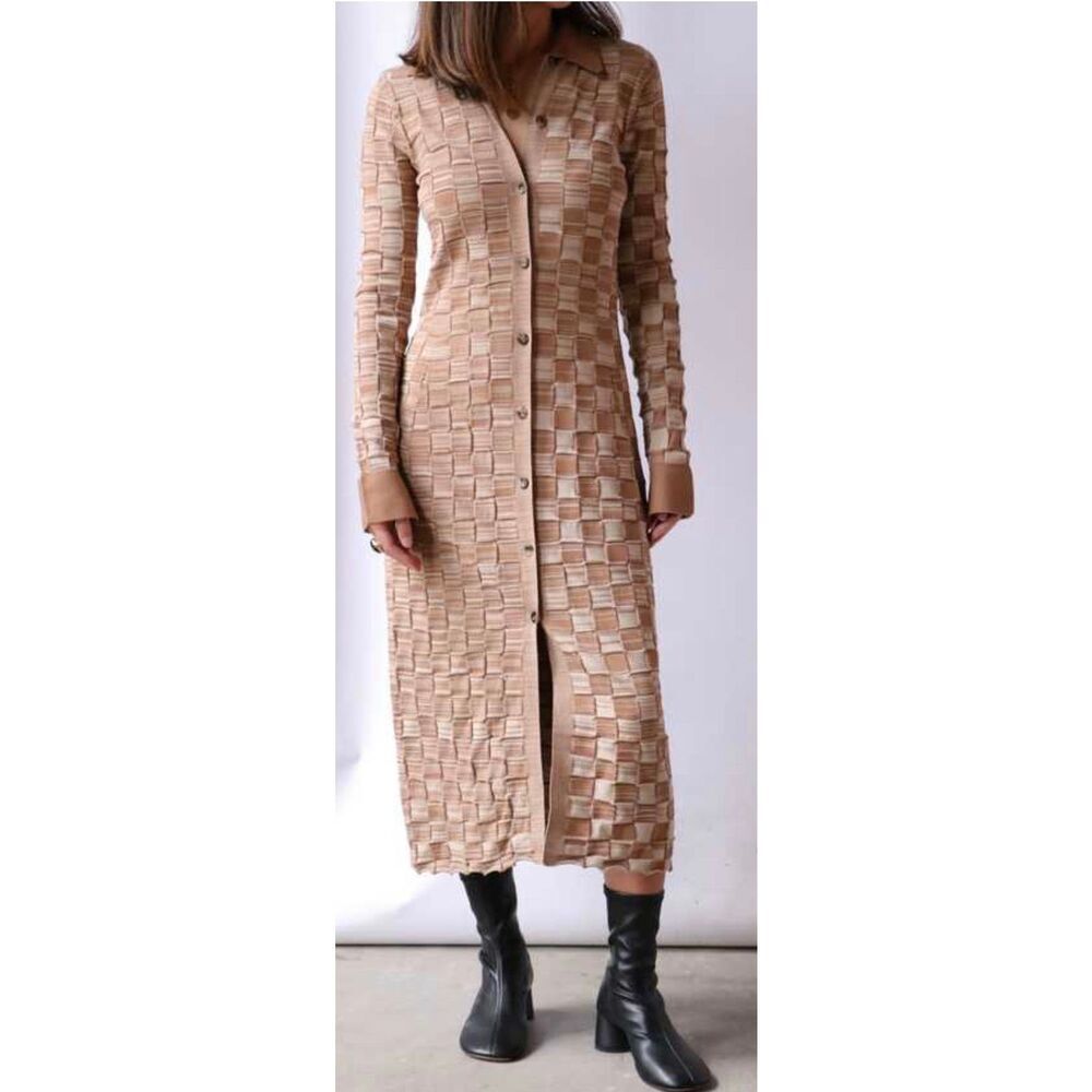 Rosetta Getty Rib Knit Sweater Button Up Dress In Chocolate Nwt Size Xs